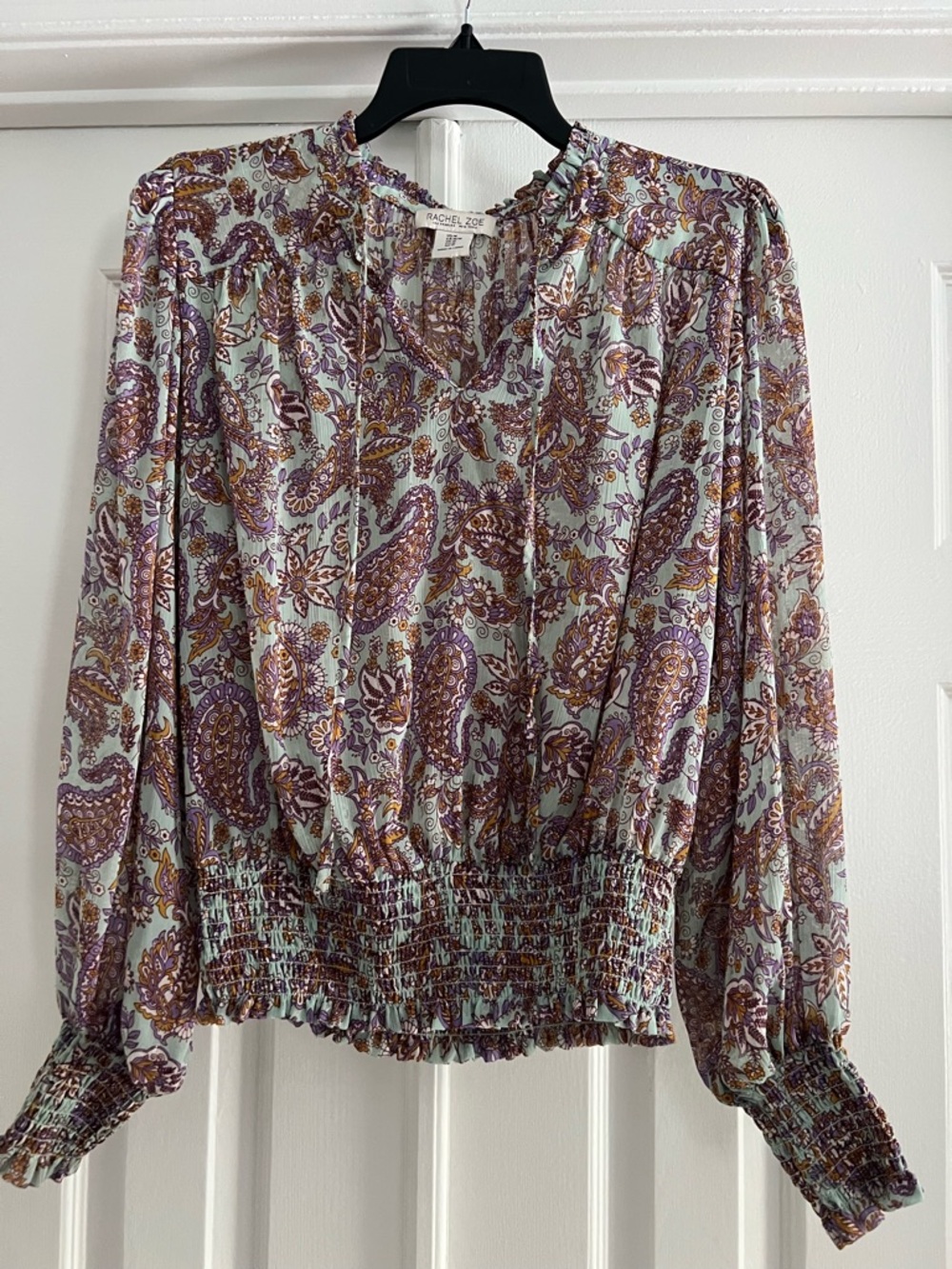Rachel Zoe Lavender and Brown Paisley Smocked-Hem Long Sleeve Top